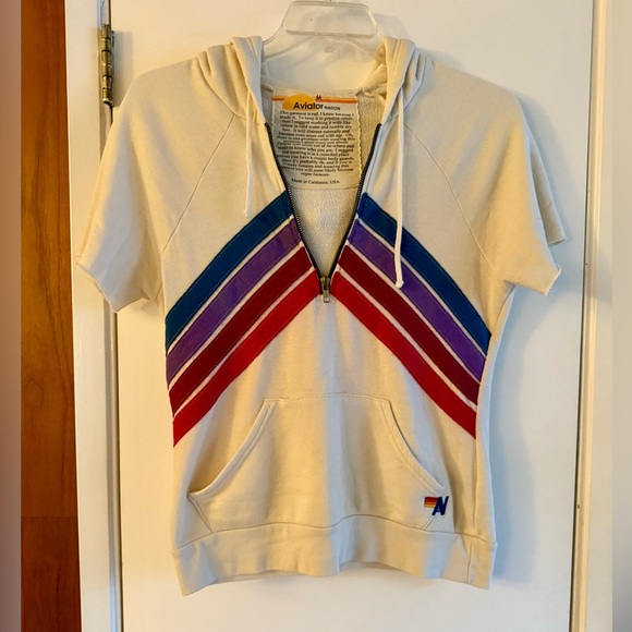 Aviator Nation 4 Stripe Half Zip Short Sleeve Sweatshirt Vibtage - Picture 1 of 5